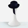 1960s navy blue straw roller hat with trailing grosgrain ribbon detail rear view