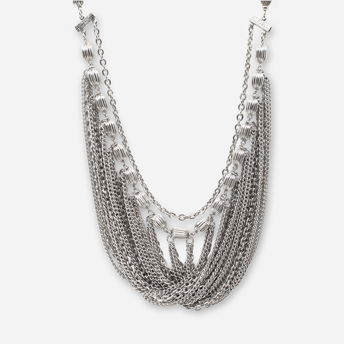 1960s long silver tone waterfall bib necklace front view