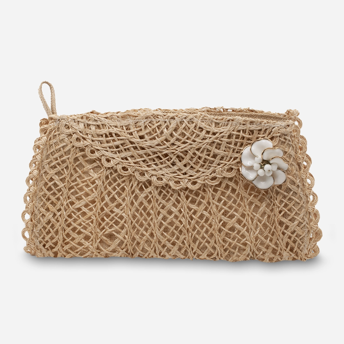 1960s straw clutch with trifari flower brooch