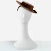 Vintage 1930s brown straw tilt hat 1930s tan straw tilt hat with brown silk band and ruched brim trim on mannequin