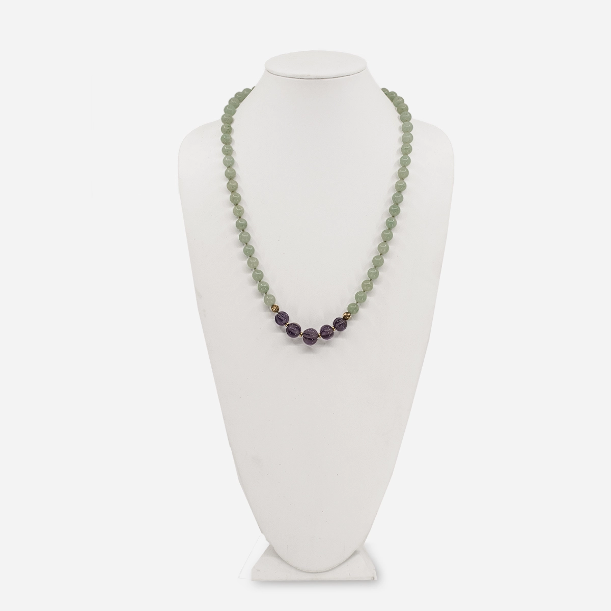 Long 1960s green aventurine necklace with fluted purple glass beads, gold-tone accents, and 925 clasp.