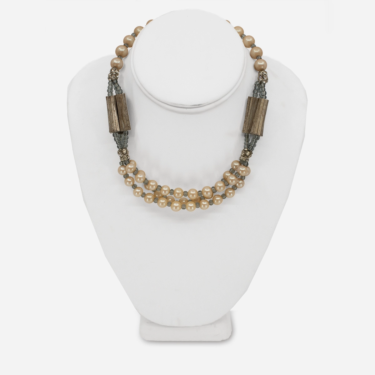 1950s vintage necklace combining faux pearls, Czech glass beads, rhinestone rondelles, and silver-tone findings.