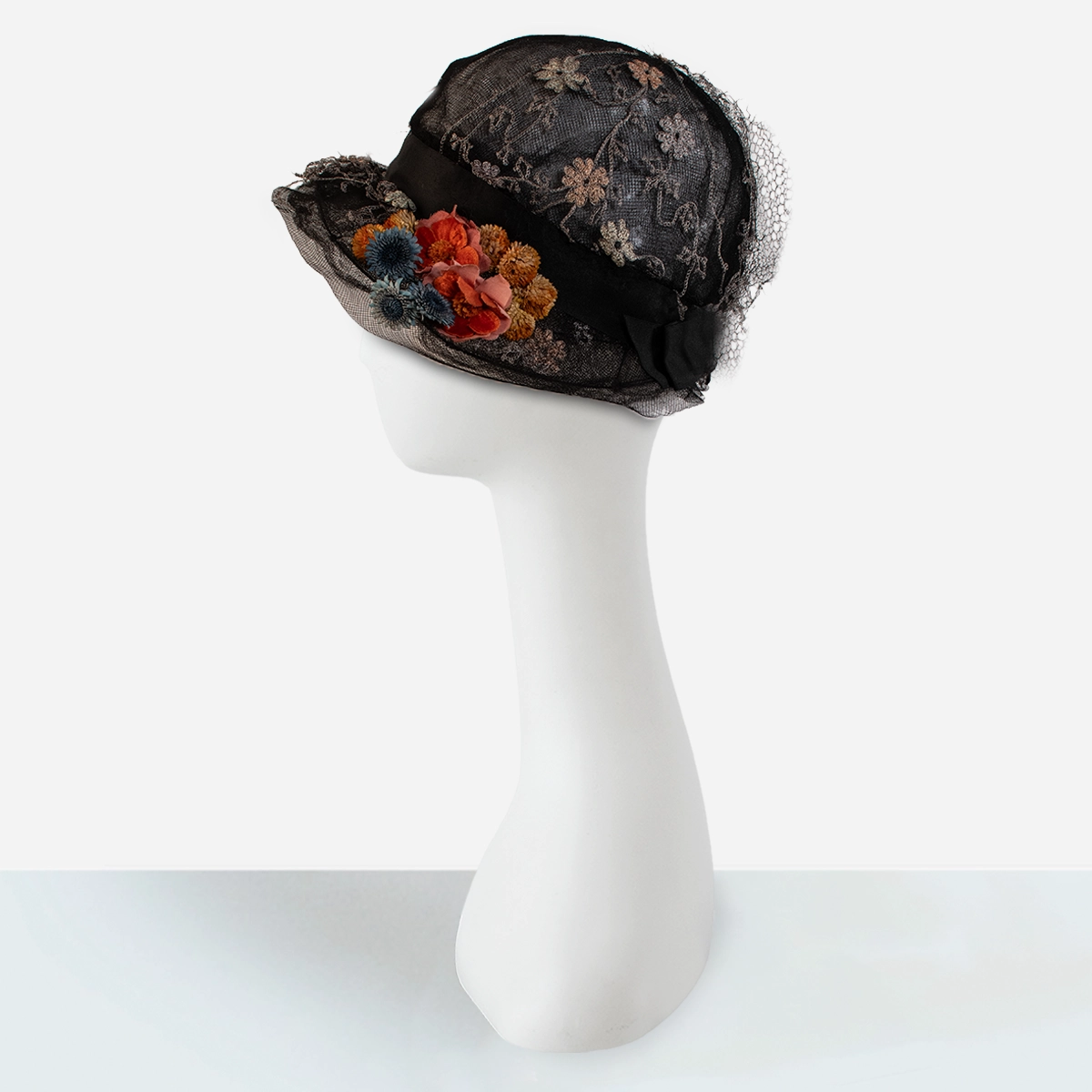 Edwardian black horsehair net hat showing floral appliques and net crown detail.