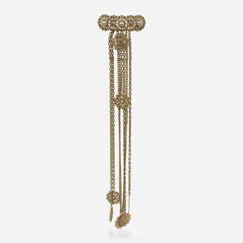 Long vintage gold-tone chatelaine brooch featuring cascading chains and faux pearls.