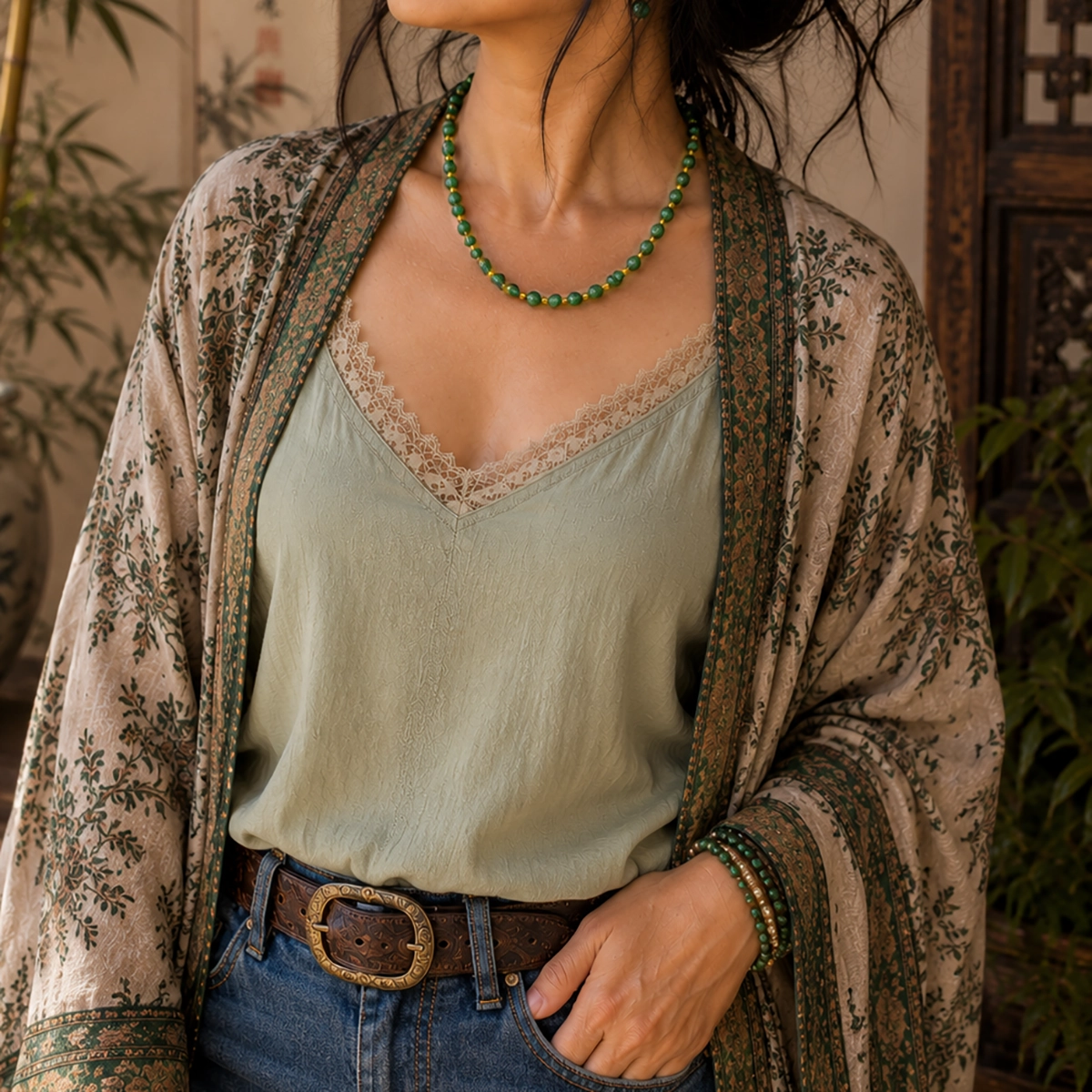 green malachite necklace on model