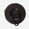 inside black straw vintage hat Inside view of 1930s black straw tilt hat showing layered brim construction and support strap.
