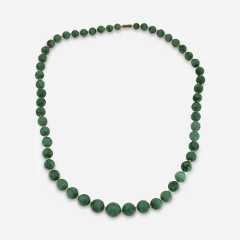 1960s malachite bead necklace with yellow glass spacers and screw clasp.
