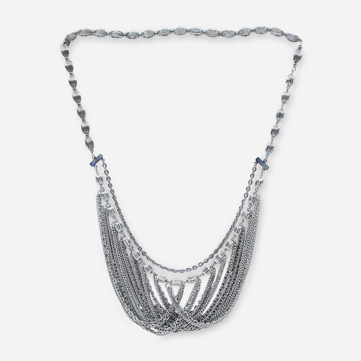 Back view of vintage silver tone waterfall necklace continuous design