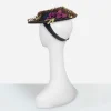 vintage 1930s pink floral hat Vintage black 1930s tilt hat with sculptural layered brim design, novelty veiling, and red flowers, rear view