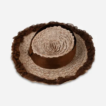 Top view of vintage 1930s straw tilt hat with novelty woven straw construction.