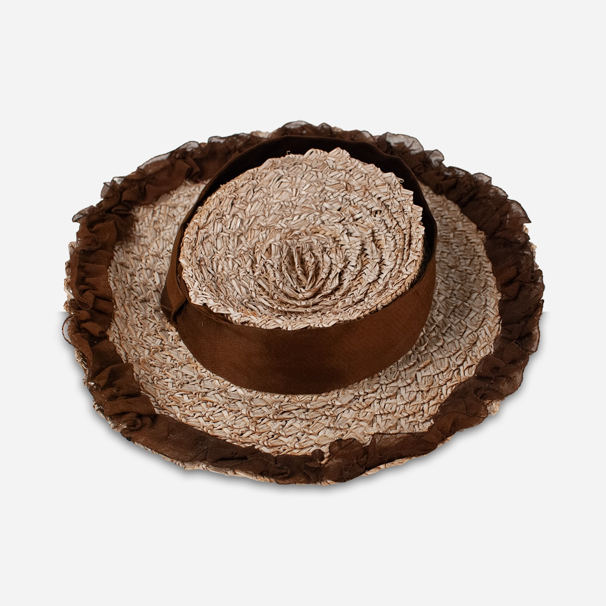vintage 1930s straw hat copy Top view of vintage 1930s straw tilt hat with novelty woven straw construction.