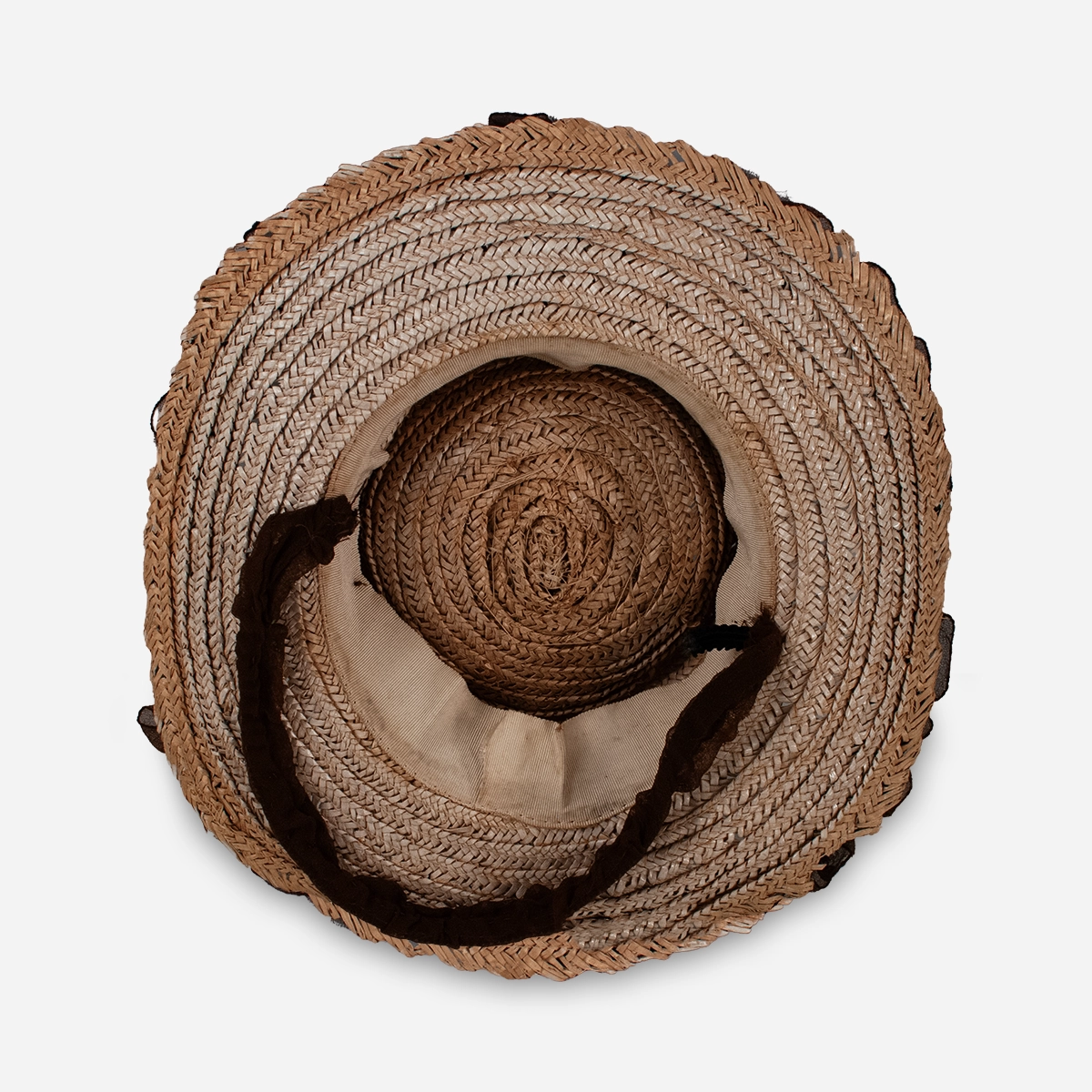 vintage 1930s tilt hat head strap Interior view of 1930s tan straw hat showing shallow crown and securing strap.