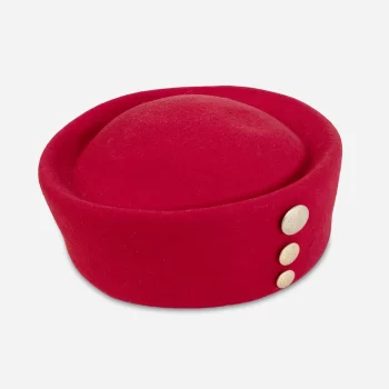 Vintage Betmar red wool pillbox hat with gold Paris buttons.