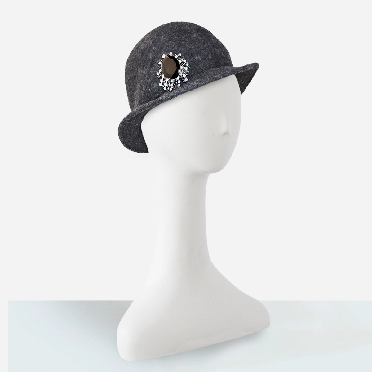 vintage rhinestone brooch pin on gray flannel bowler hat