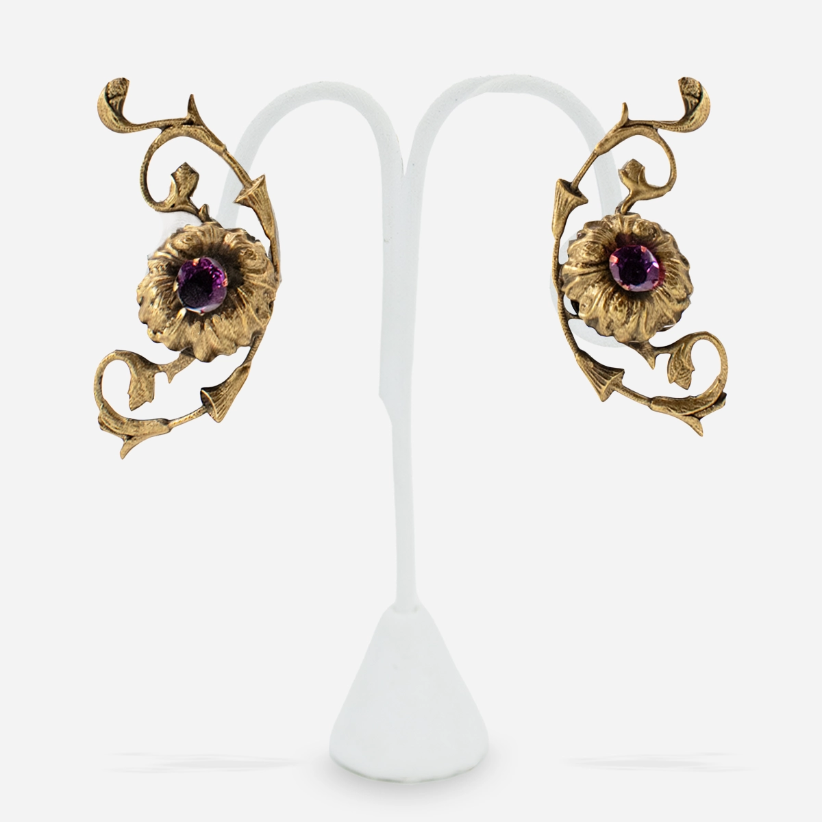 Signed Joseff of Hollywood purple rhinestone earrings in Russian Gold finish.