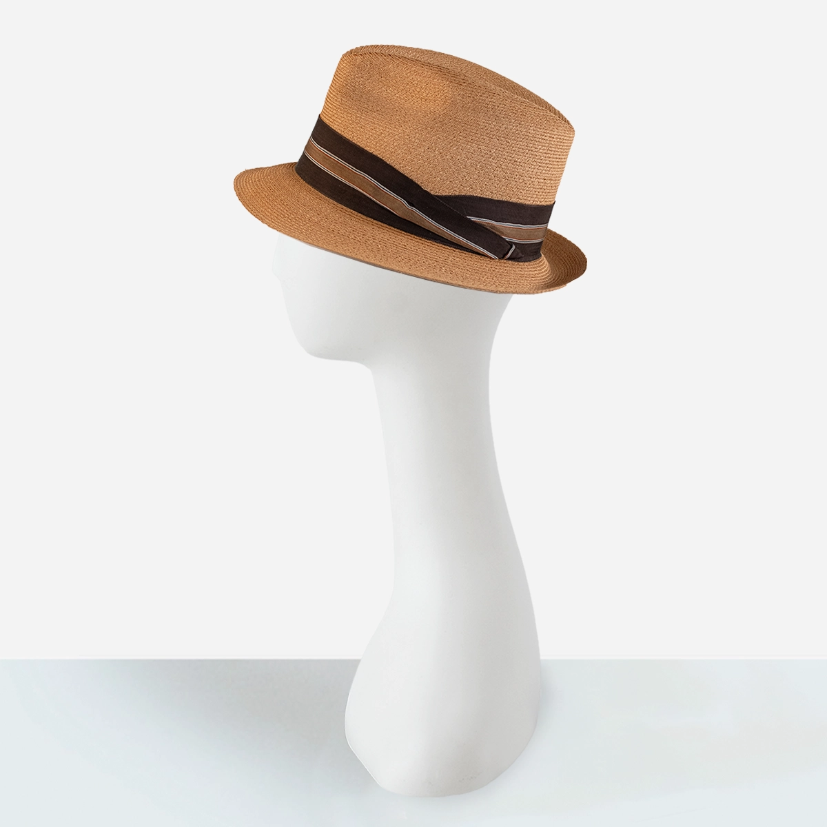 vintage mens straw hat 950s tan woven straw trilby hat with striped ribbon hatband.