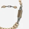 vintage pearl necklace detail Closeup of 1950s necklace with faux pearls, rhinestone rondelles, silvered Czech pressed glass beads, and navette clasp.