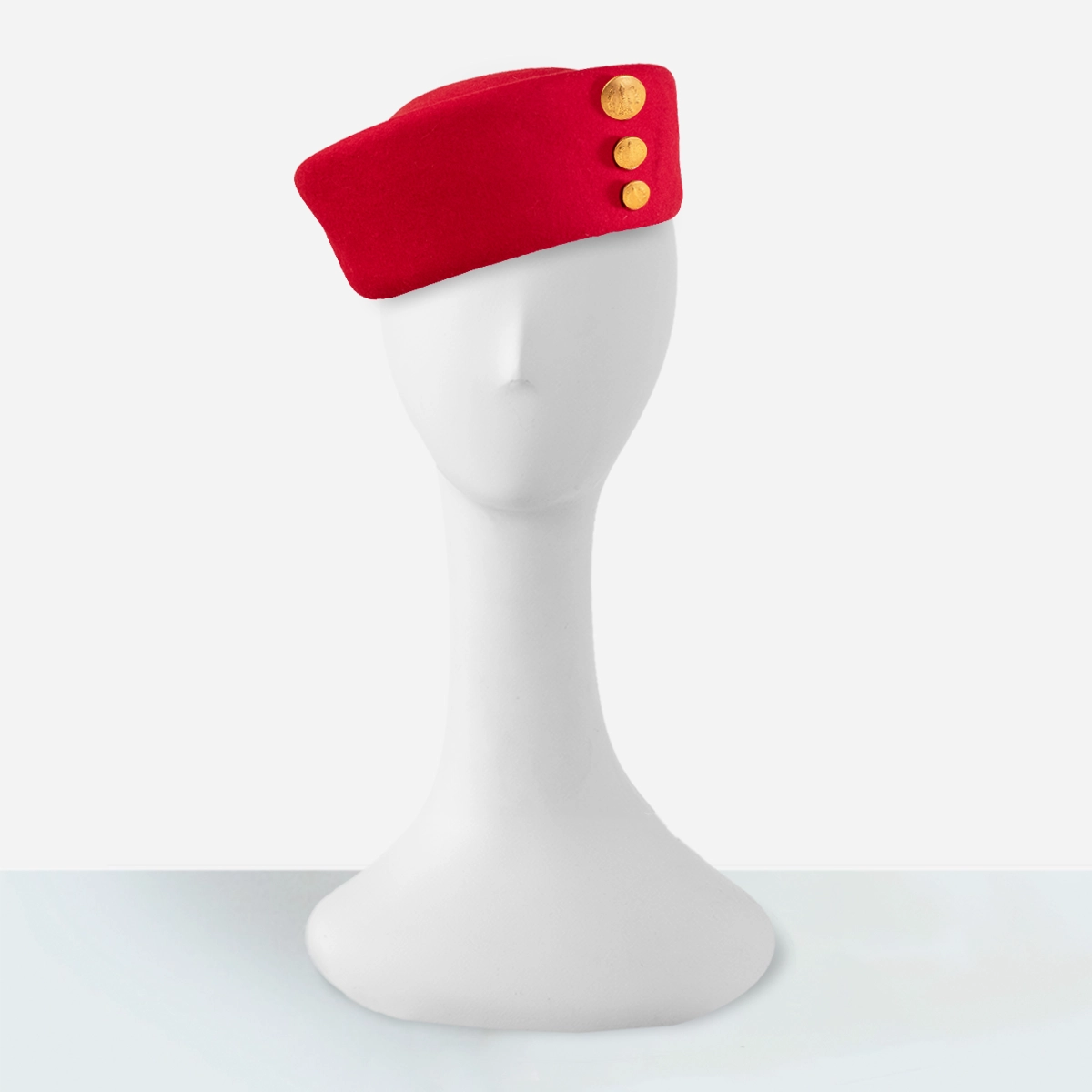 1980s red wool felt military-style hat by Betmar on mannequin