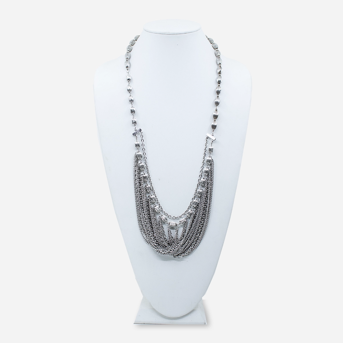 1960s mod silver tone statement necklace with layered chain drape