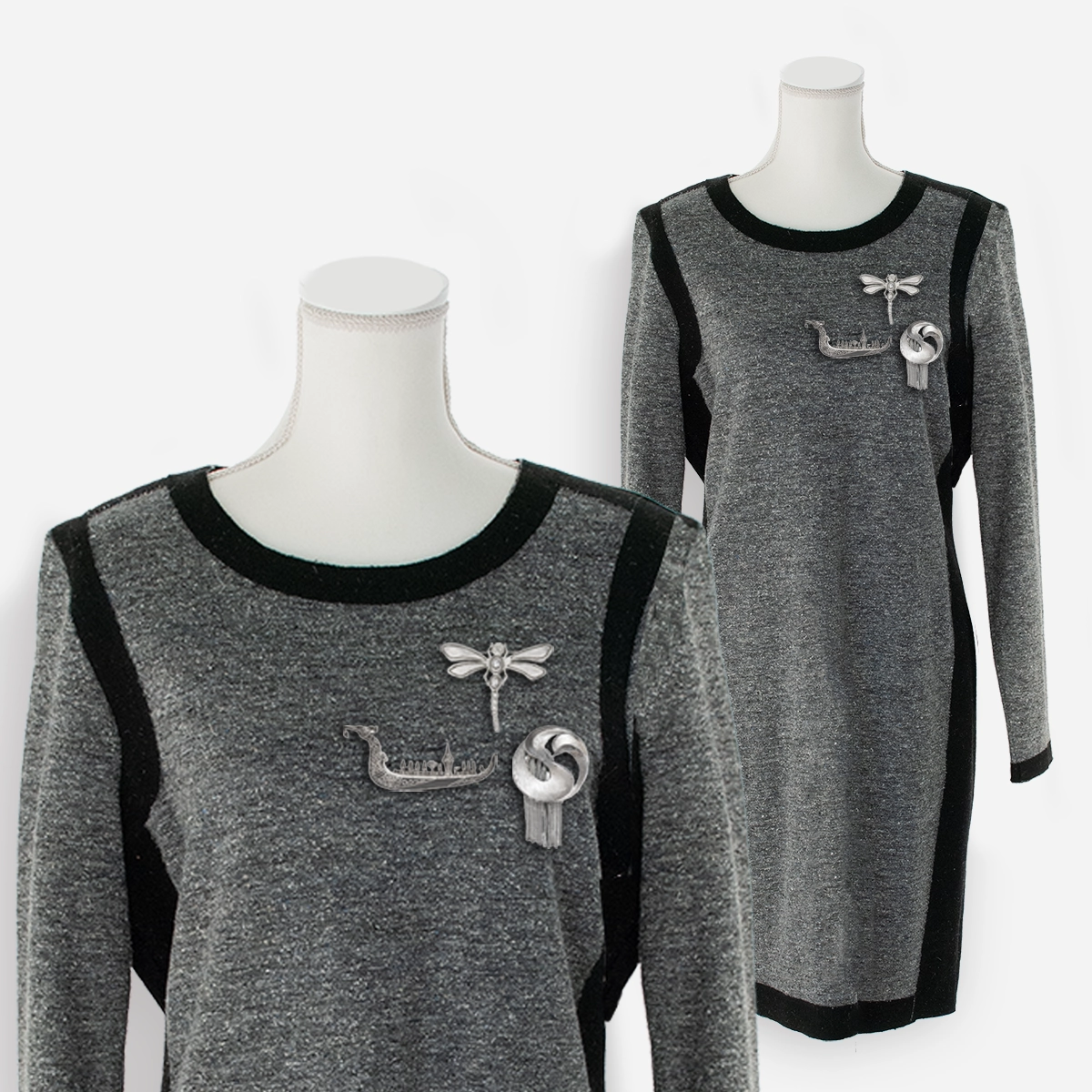 vintage worth gray dress with silver brooches