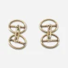 Rear view of vintage gold tone cufflinks with chain link fasteners.