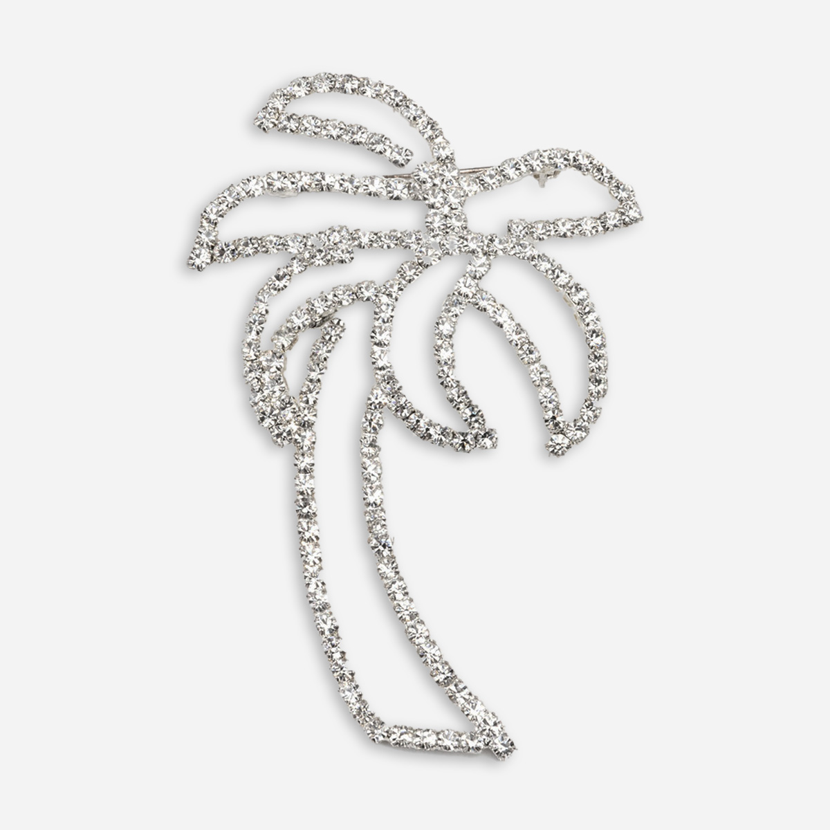 Crystal Palm tree Brooch Vintage silver-tone rhinestone palm tree brooch with openwork fronds and clear crystal sparkle on white background.