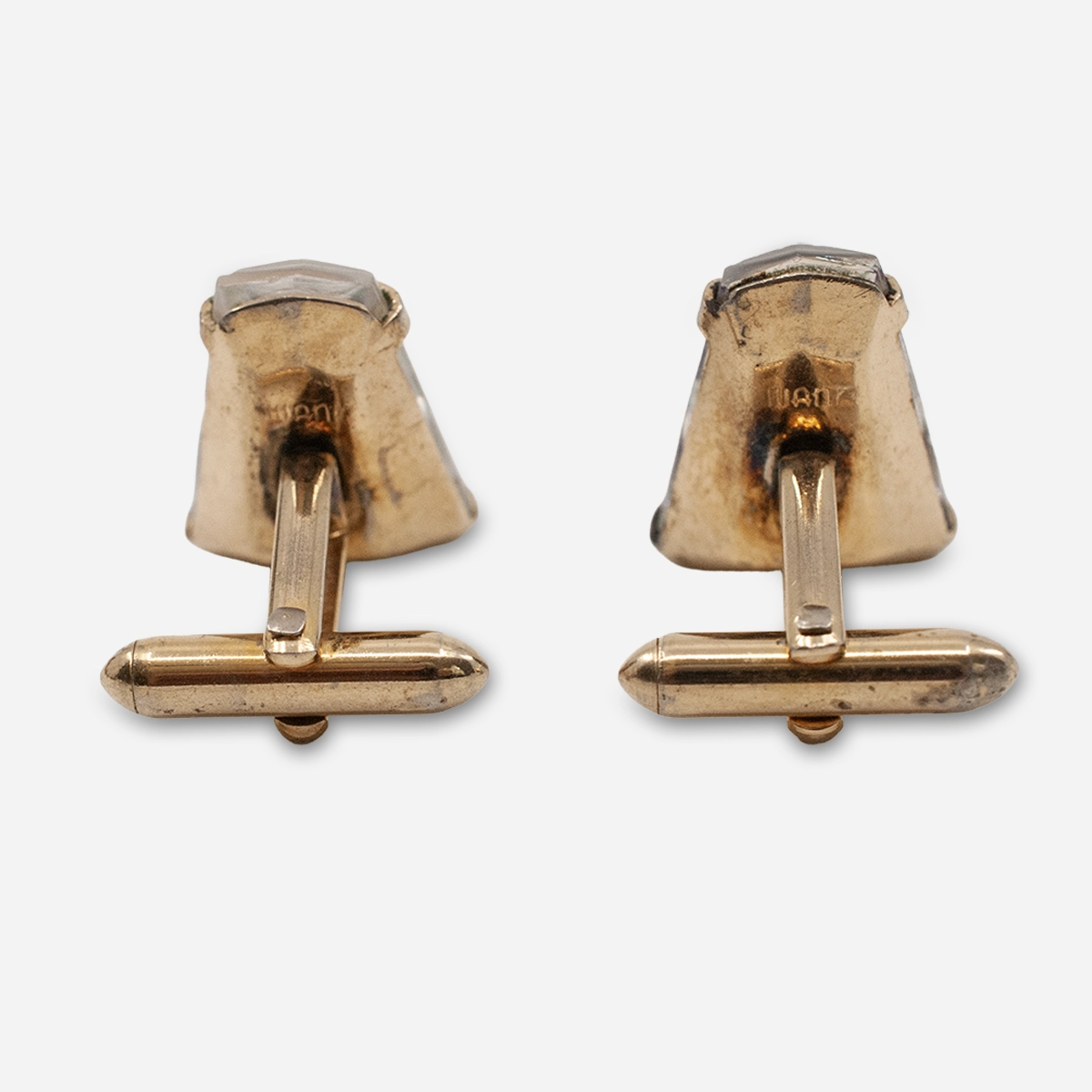 Swank Chess Cufflinks bullet & toggle backs Back view of vintage Swank cufflinks showing gold-tone fixed posts bullet & toggle backs