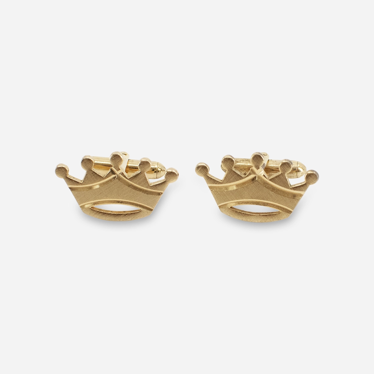 vintage gold crown cufflinks 1970s Swank gold crown cufflinks with Swiss Diamond Cut brushed finish, front view.