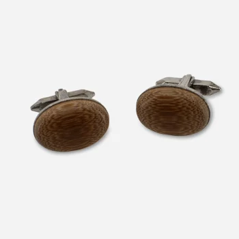 Pair of Japanese Showa-era wood cufflinks with warm striped grain and silver-tone backs.