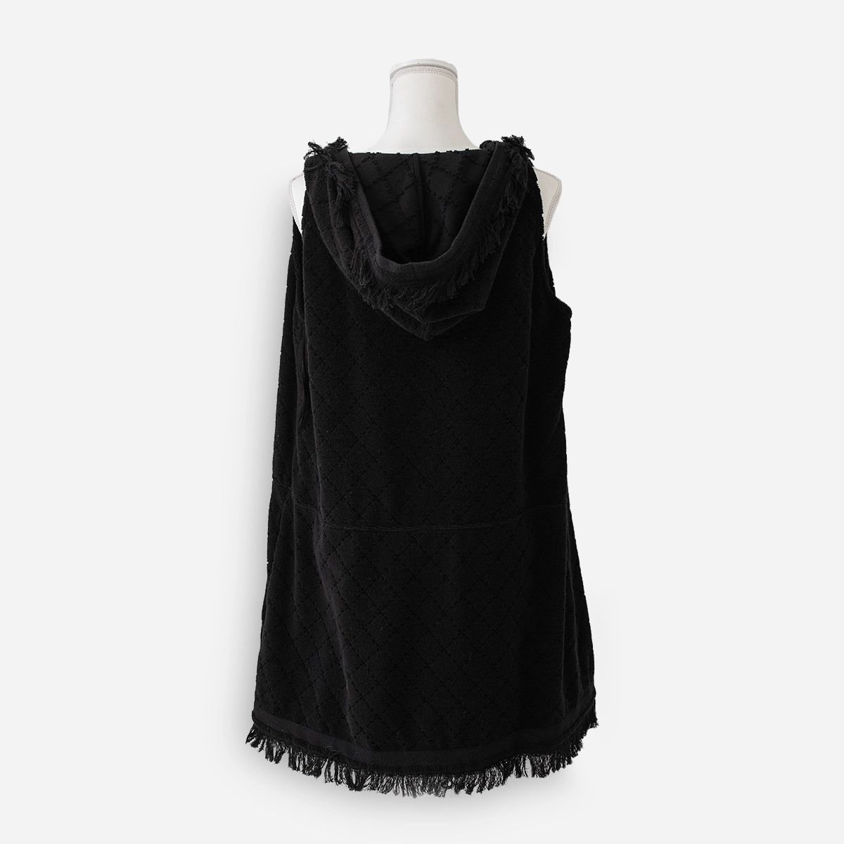 CHANEL Cotton Pile Hoodie Sleeveless Dress Back view of 2015 Chanel black hooded cotton pile mini dress with fringe hem.