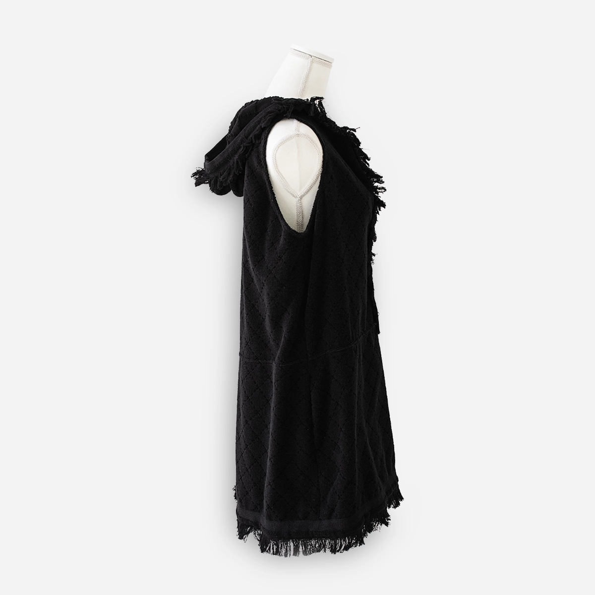 Chanel 15P P51319 Cotton Pile Fabric Hooded Sleeveless Dress Side view of Chanel black terry hooded mini dress with textured matelassé-style fabric.
