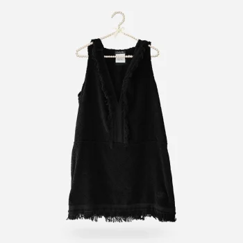 2015 Chanel black terry mini dress hanging on pearl hanger with sleeveless hooded design.