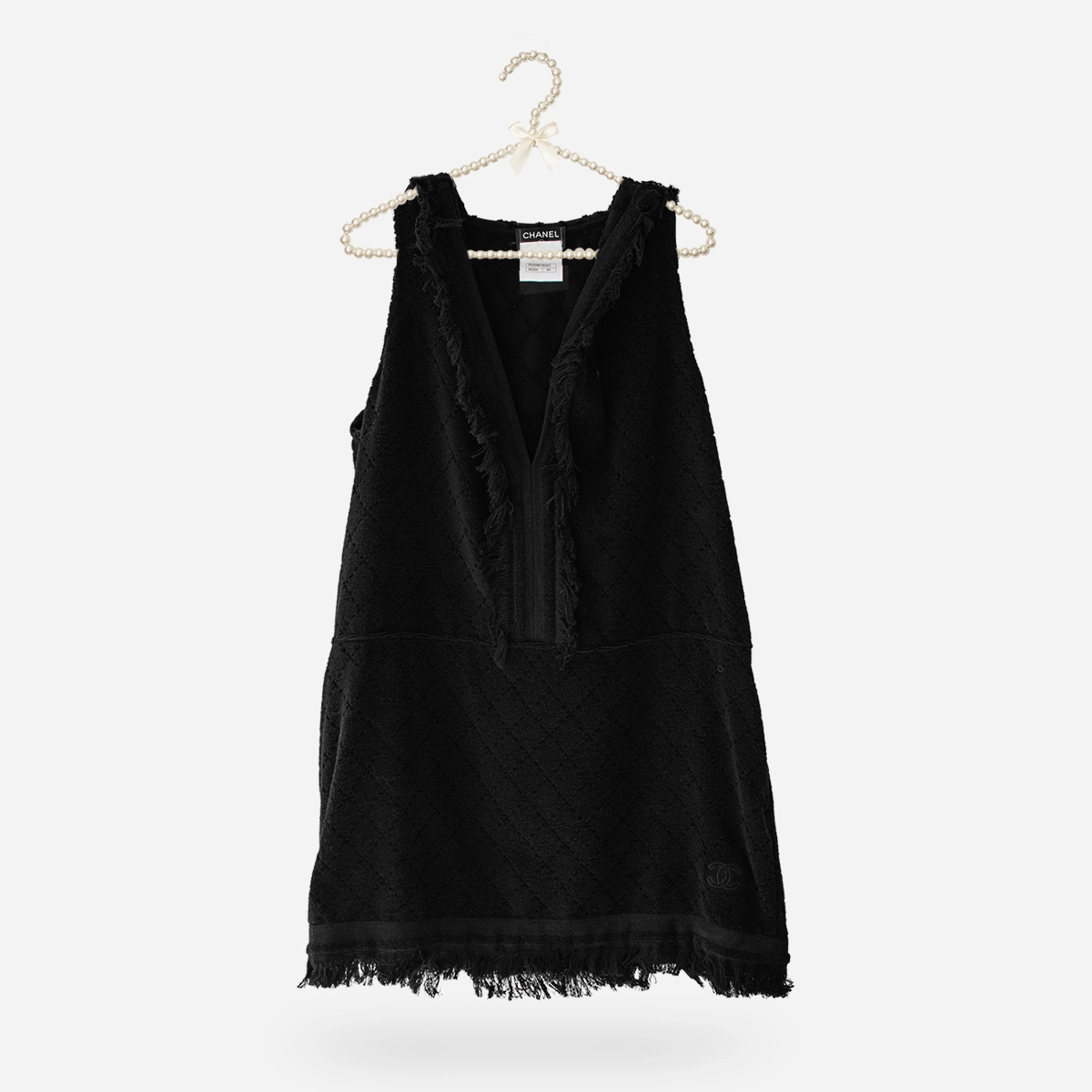 Chanel Black terry pullover 2015 Chanel black terry mini dress hanging on pearl hanger with sleeveless hooded design.