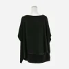 Front view of black wool-blend poncho top with layered draped hem