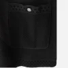 black perforated fabric pocket Close-up of Chanel black textured knit patch pocket with perforated dotted trim and silver-tone logo button.