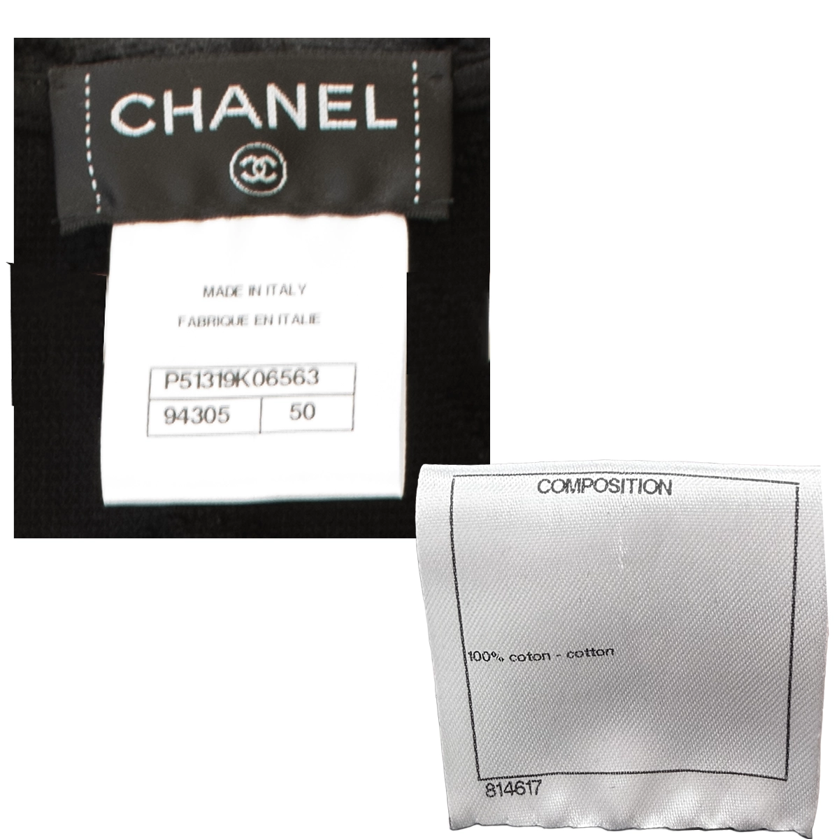Chanel terry cloth mini dress – pullover label Chanel garment label showing Made in Italy, style code P51319K06563, size 50, and 100% cotton composition.