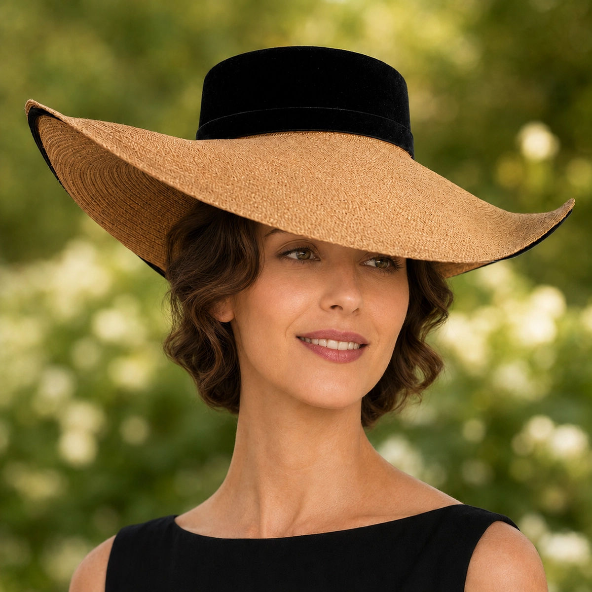 vintage 1950s Straw cartwheel hat on model