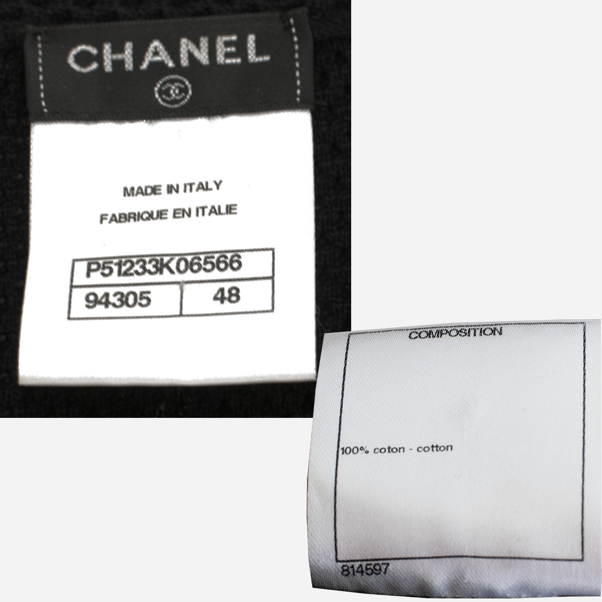 vintage chanel jacket labels Close-up of Chanel garment labels showing Made in Italy, style numbers, size label, and 100% cotton composition tag.