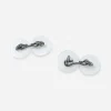 vintage white fixed bridge cufflinks Back view of 1950s white Lucite cufflinks with fixed bridge metal construction.