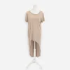 Ceil Tan T-shirt dress Front view of vintage Ciel dress with scoop neck, short sleeves and asymmetrical hem