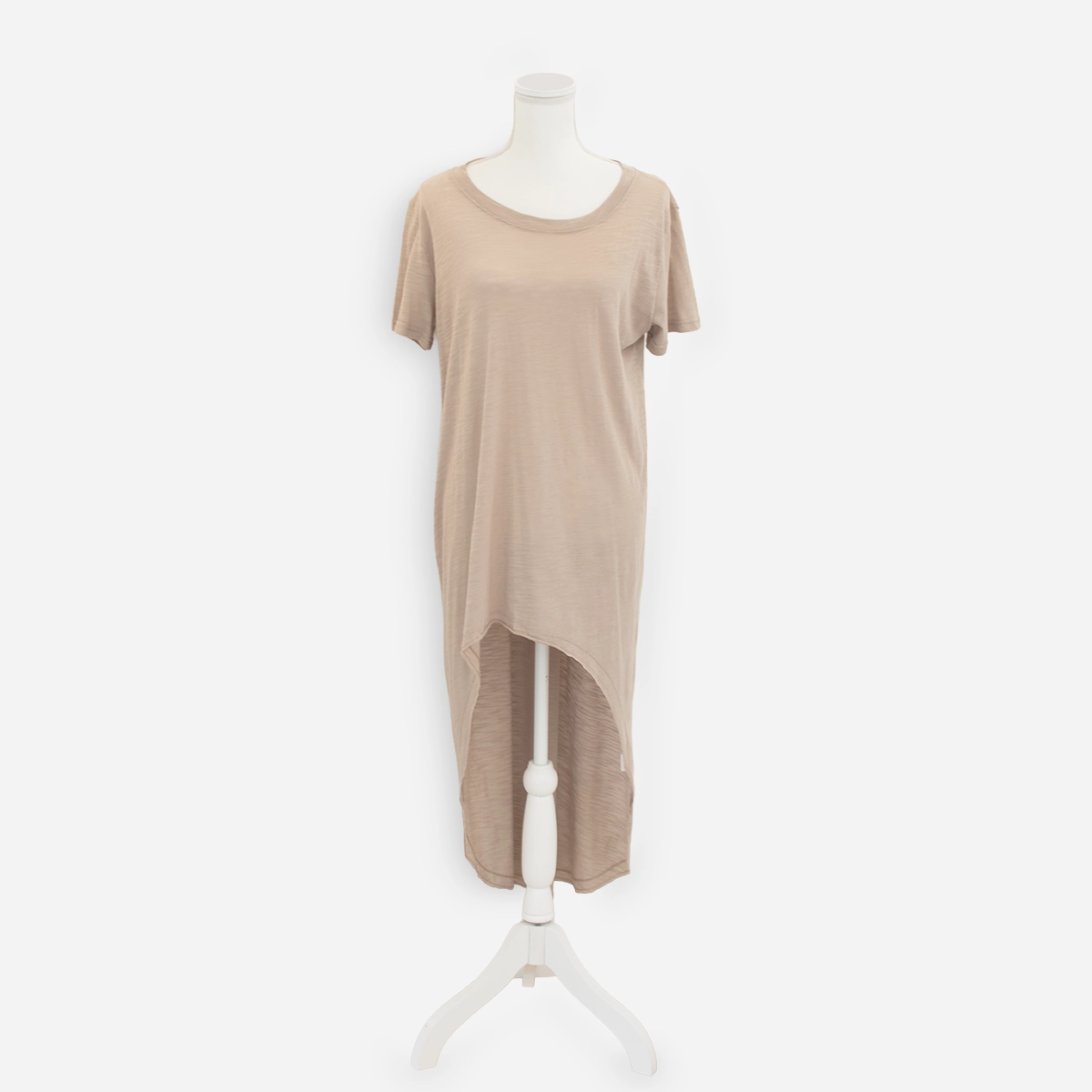 Front view of vintage Ciel dress with scoop neck, short sleeves and asymmetrical hem
