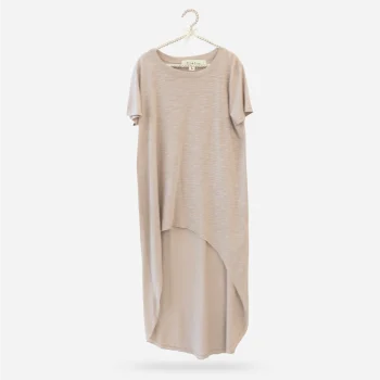 Vintage Ciel taupe-beige slub-knit T-shirt dress with dramatically curved high-low hem