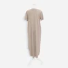 Ceil high-low asymmetrical t shirt dress Back view of Ciel taupe-beige T-shirt dress with long rounded hem