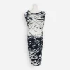 Front view of the Escada midi dress with an abstract navy splash print, cowl neckline, and side ruching.