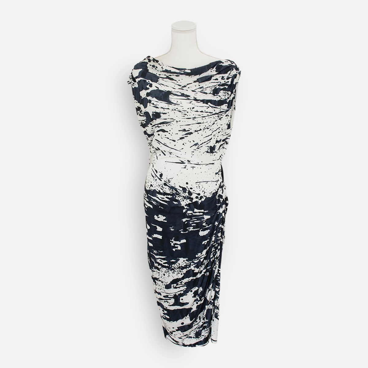 Front view of the Escada midi dress with an abstract navy splash print, cowl neckline, and side ruching.