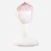 1950s pink veil feather hat Front detail of pink whimsy hat with feather fringe, bead accents and velvet bow