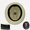 1960s Cosmopolitan travel hat Interior of cream nylon trilby showing black sweatband, Cosmopolitan New York label, and water-repellent marking.