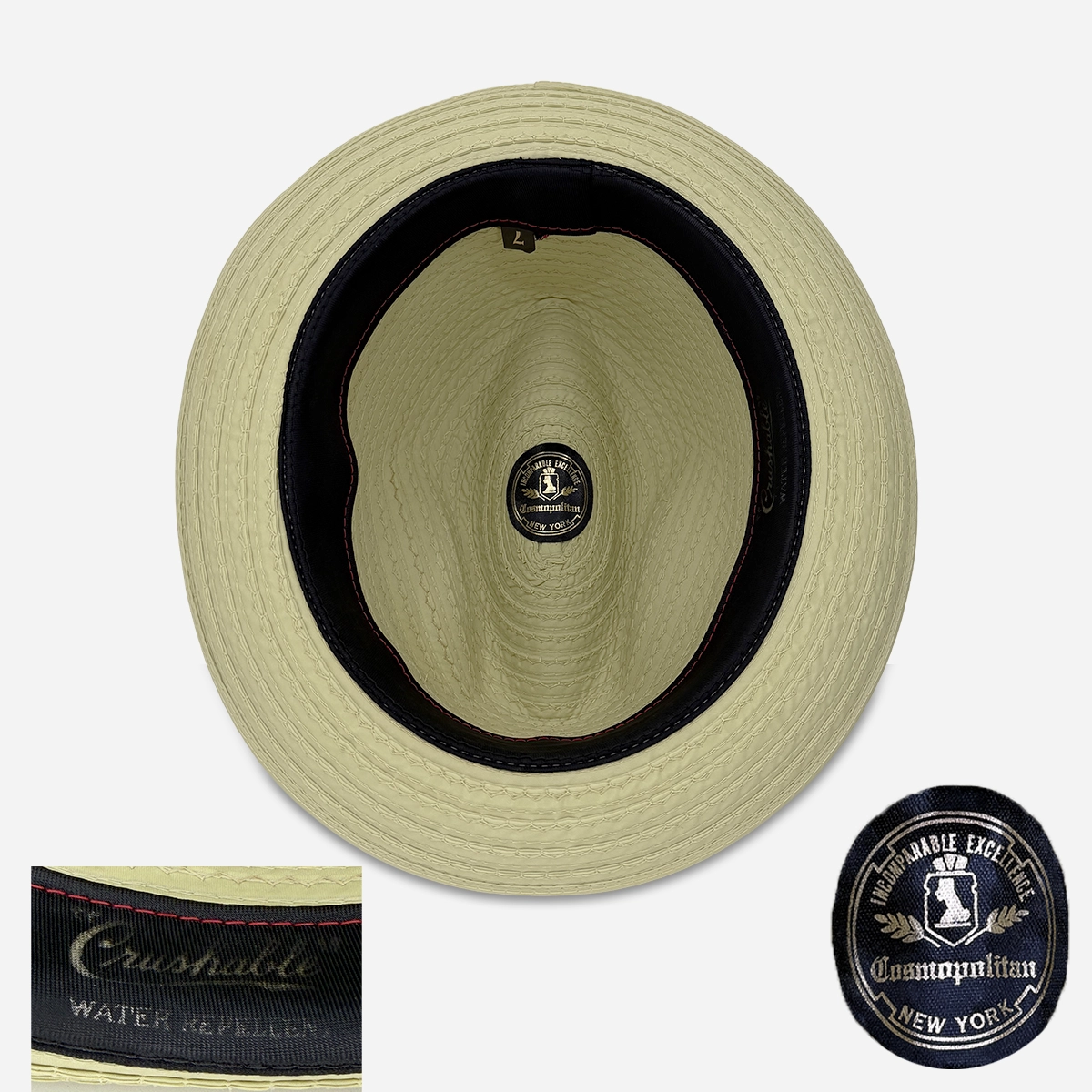 1960s Cosmopolitan travel hat Interior of cream nylon trilby showing black sweatband, Cosmopolitan New York label, and water-repellent marking.