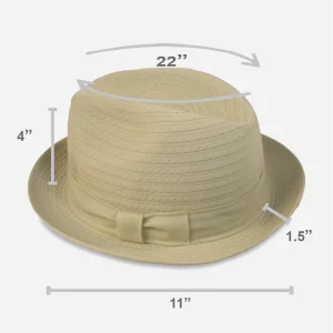 Cream nylon trilby showing 22-inch circumference, 4-inch crown, 1.5-inch brim, and 11-inch diameter.