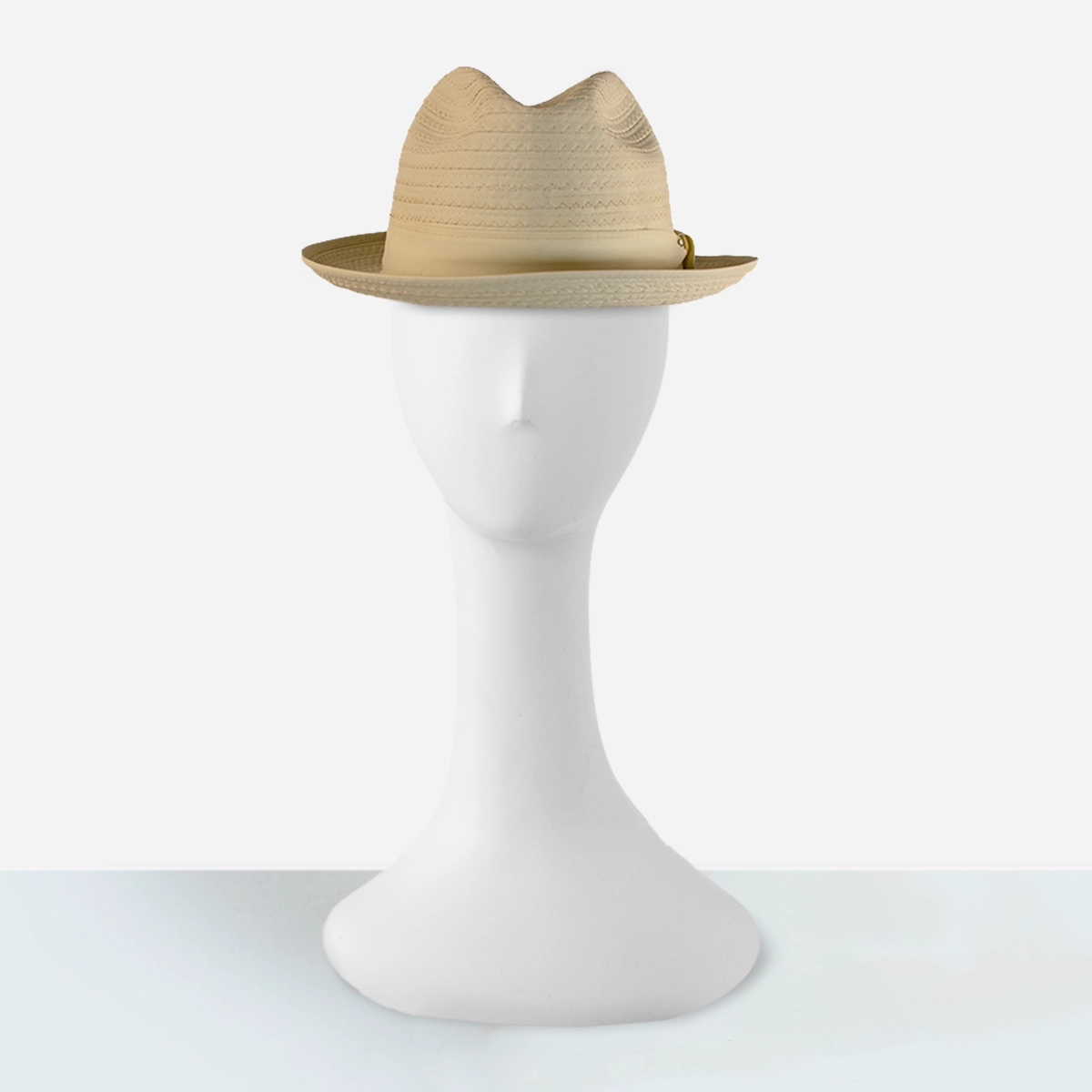 Front product view of vintage cream nylon trilby with center crease and matching grosgrain bow.